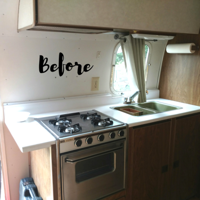 Before photo of kitchen of 1974 Airstream Argosy before remodeling. Contains all the original Airstream parts